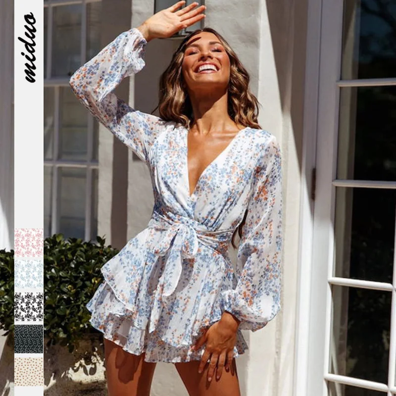 

Women Autumn Spring Floral Print Dreamy Jumpsuit Long Semi-sheer Sleeves Sexy V-neck Romper Playsuit Beach Boho Outfits Rompers