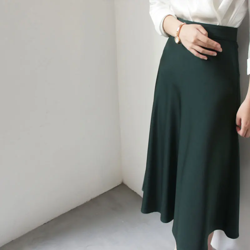 

Spring Autumn Women Satin Silk Skirt Elegant Solid Color High Waist Loose Women Office Lady Green Skirts Womens Long Skirt