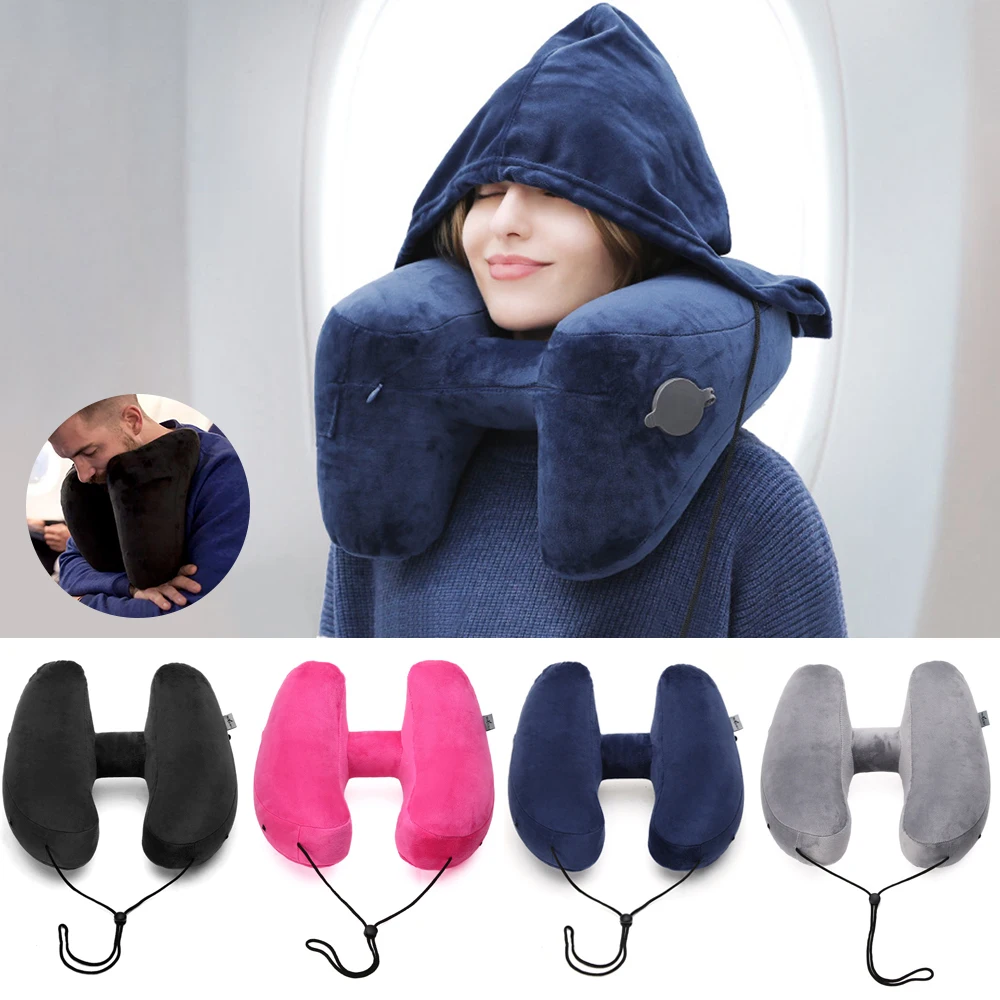 Надувная дорожная подушка H образной формы со шляпой Складная легкая для шеи с