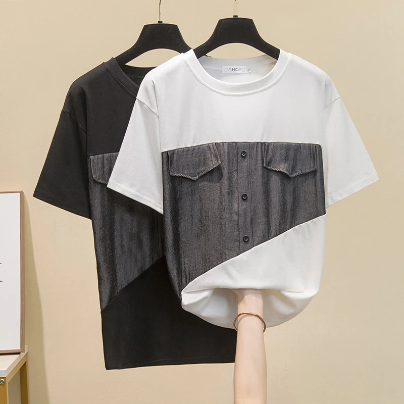 

2021 Summer Women Elegant Tee Patchwork T-Shirt Short Sleeves O-Neck Fake Pockets Female Hollow Out Tees Womens Casual Tops