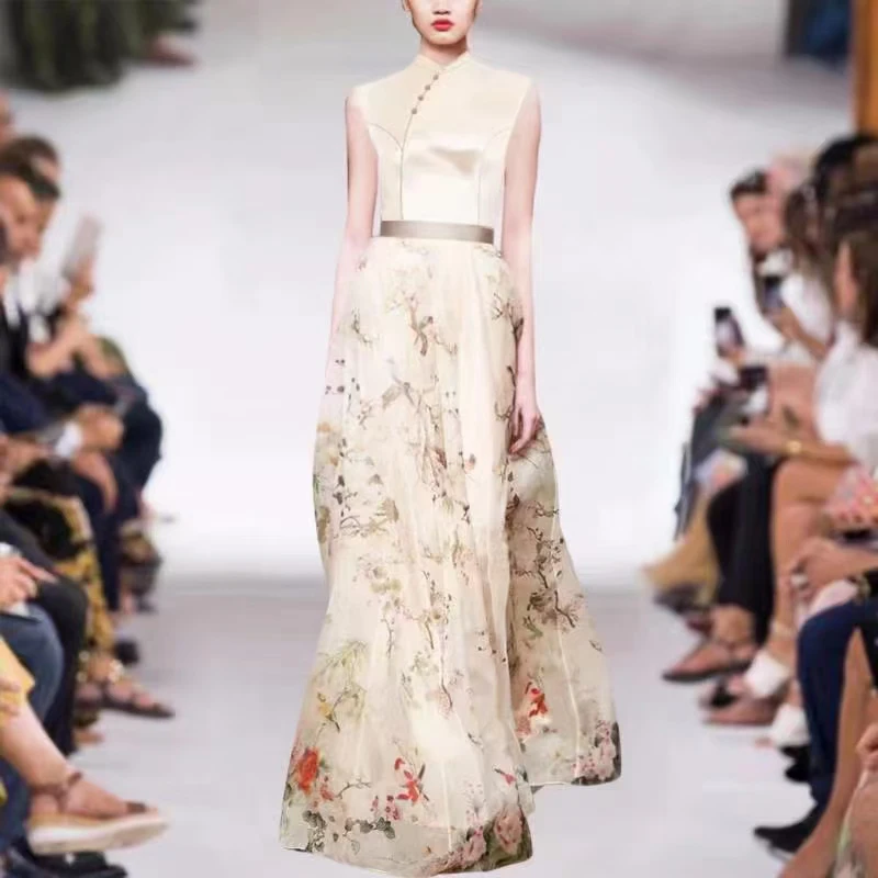 

2021 Designer Fashion Summer Vintage Dress Runway New Women Button High Waist A-line Flowers Printed Elegant Ladies Dresses
