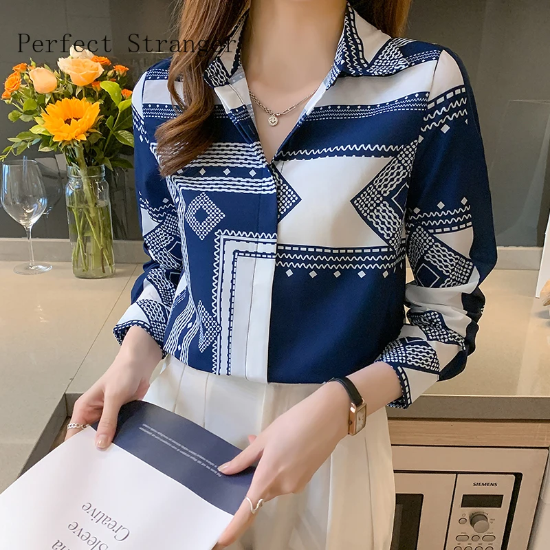 

Long Sleeves Chiffon Blouse OL Printed Shirts Blouse Women Turn Down Collar Single-Breasted Top Shirts 2XL