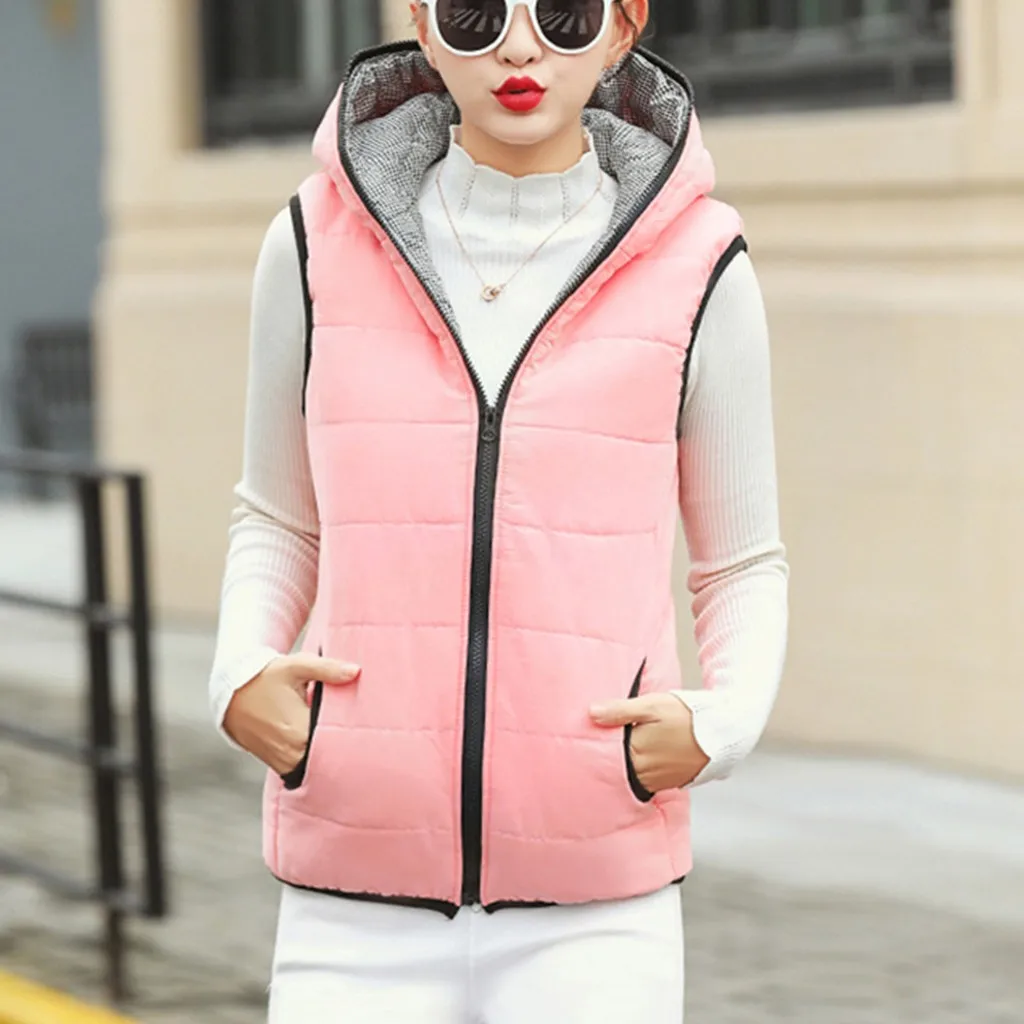 

Fashion Womens Solid-Color Sleeveless Hooded Zipper Vest Down Coats Cotton-Padded Jacket Winter Warm Waistcoat Plus Size#g3