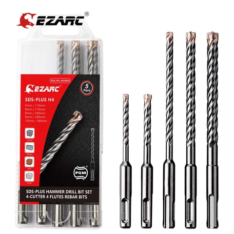 EZARC 5PC 2/4 CUTPUT CARBUDE TIGNES SDS-Plus Rotary Hammer Drill Bit Set pour le béton armé, la maçonnerie, le marbre, la brique et les carreaux