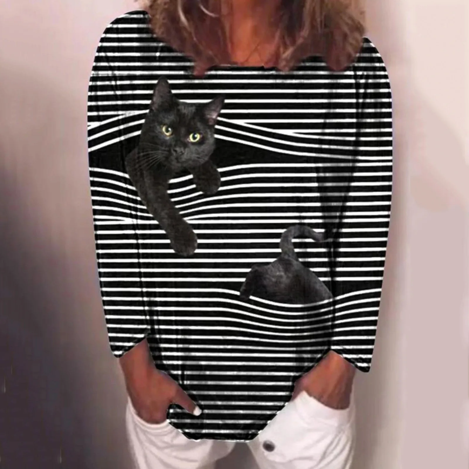 

Plus Size T Shirt Women Tops Long Sleeve 3d Animal Striped Cat 3d Printed O-neck Tops Funny Graphic Casual Tee T-shirt Camiseta