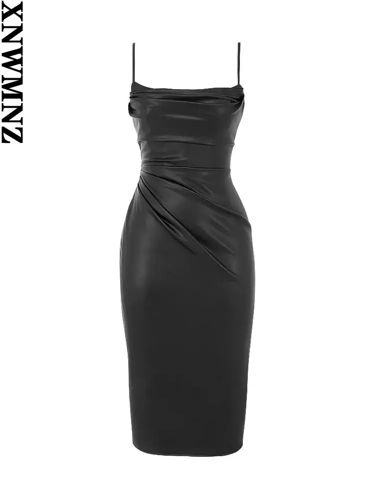 

XNWMNZ женское 2022 модное плиссированное платье миди из искусственной кожи винтажные женские платья с открытой спиной на тонких бретельках ...