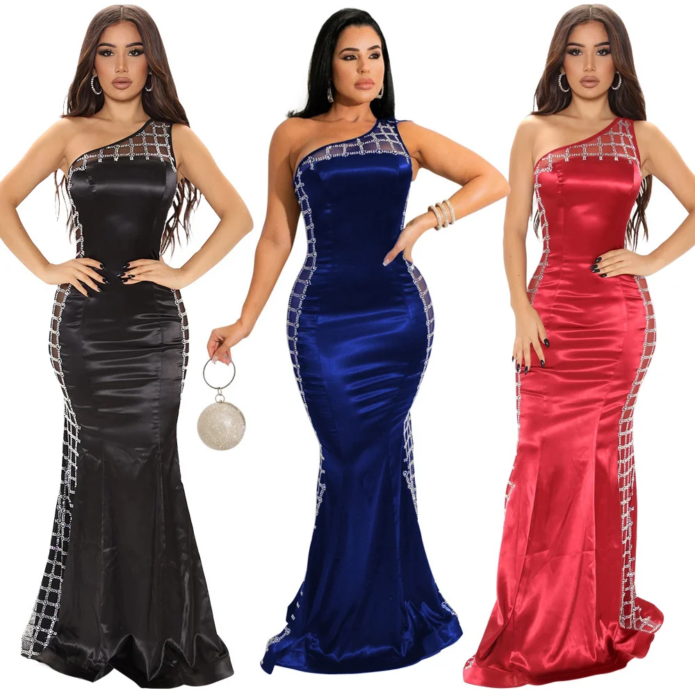 

Cutubly Bodycon Elegant Dresses Plaid Rhinestone Club Party Dress For Women One Shoulder Straps Vestidos Floor Length Summer