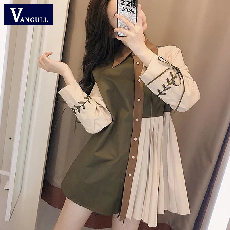 

Vangull Spring Spliced Women Casual Shirts Single Breasted Full Sleeve Folds Blouses Female Turn-Down Collar Fashion Loose Tops