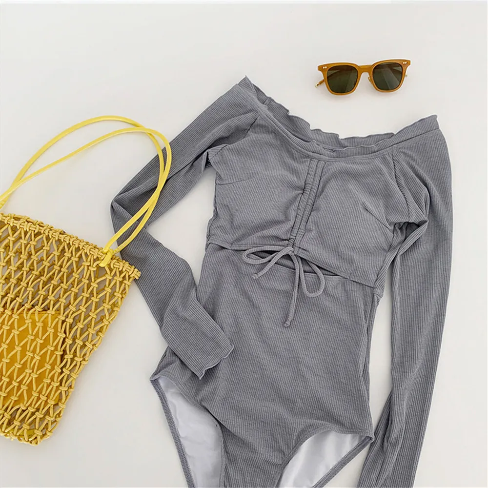 Слитный купальник с длинным рукавом Женская однотонная одежда для плавания