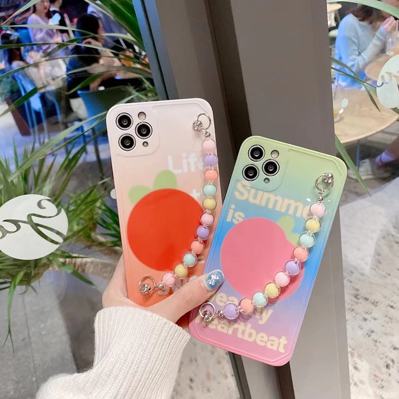 Cartoons Color Pearl Bracelet Phone Case With Strap For Iphone 11 12pro Max Silicone Soft Shell For Iphone X XR XSMAX 7 8 Case