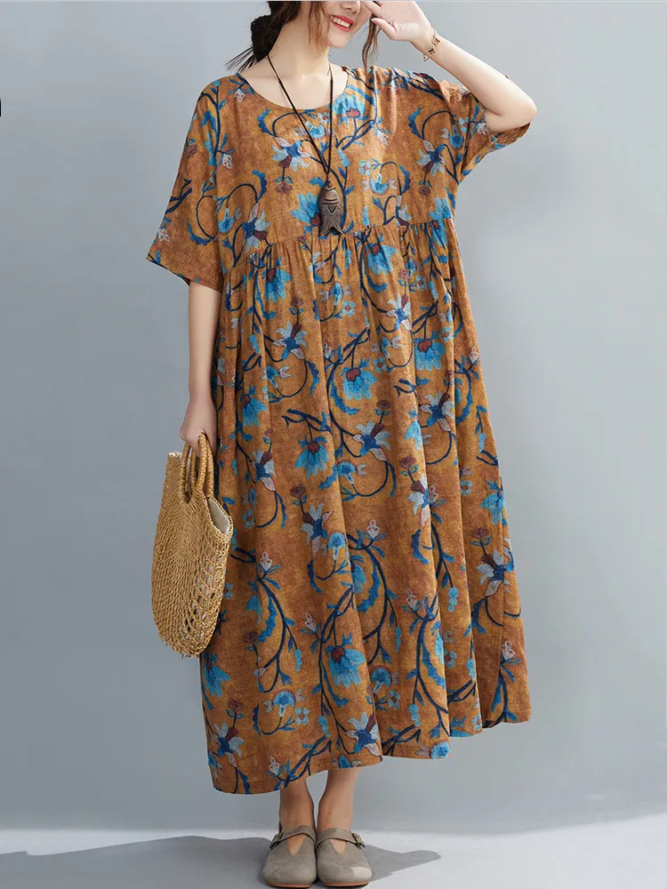 

short sleeve plus size cotton linen vintage floral dresses for women casual loose long woman summer dress elegant clothes 2021