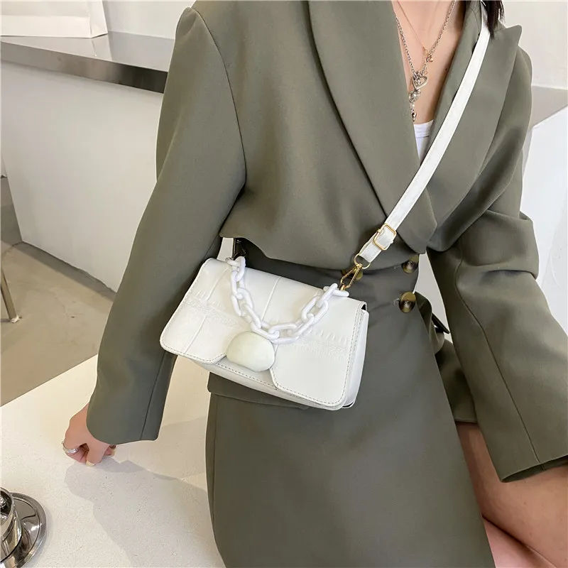

Fashion Design Women Acrylic Chain Crossbody Bag Stone Pattern Ladies Handbag Solid Color PU Leather Female Single Shoulder Bags