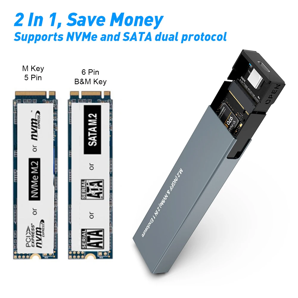 Чехол GUDGA для SSD двухпротокольный чехол M2 NVMe USB C Gen2 10 Гбит/с PCIe Box M.2 SATA NGFF 5 внешний