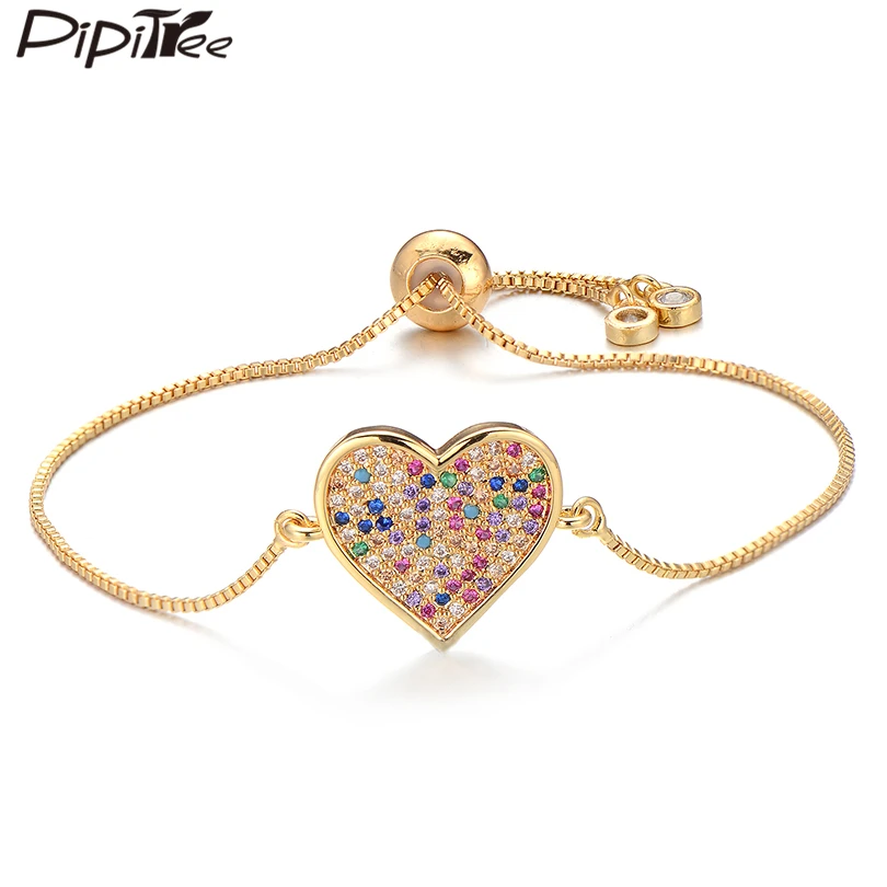 Pipitree, нежный браслет с большим сердцем, ползунок, цепь, многоцветный кубический цирконий, браслеты для женщин, влюбленных, трендовые ювелирные изделия
