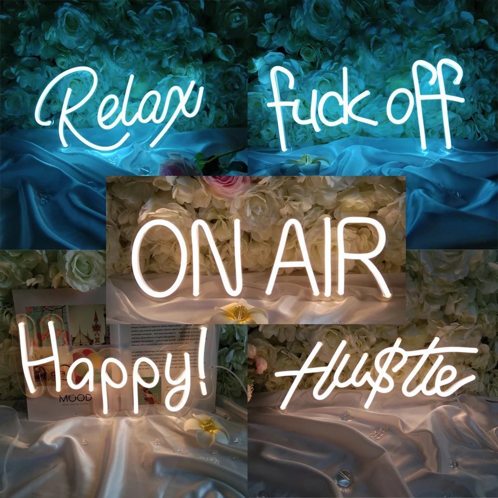 

Neon Sign for Wall Decor Hustle,On Air,Relax,Happy,Fuck Off,Neon Sign 5v USB Powered Neon Sign On Air for Room Decor Custom