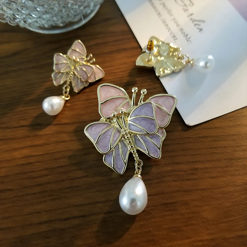 

Butterfly Brooch Drop Earrings Pink Purple Lapel Pin for Scarf Bag Clothes Classic Elegant Jewelry Gift for Wife Lover Girl