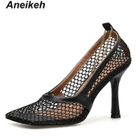 aneikeh 2022 new springautumn women pumps black mesh retro shoes fashion square toe ladies with sexy slip on high heels size 39