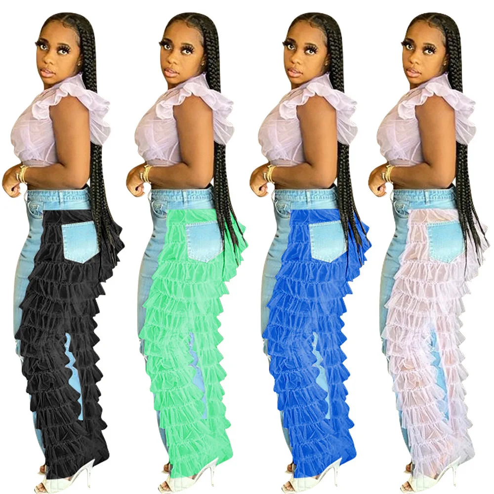 

Autumn winter casual jeans mesh stitching jeans fashion jeans