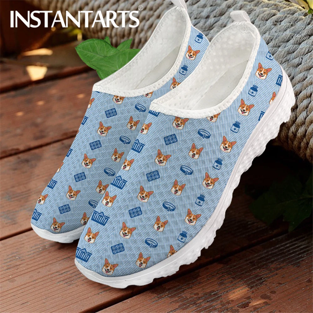 

INSTANTARTS Cool Corgi Dog Cartoon Pattern Women Flat Shoes Soft Breathable Mesh Sneakers Summer Slip-on Beach Loafers Zapatos