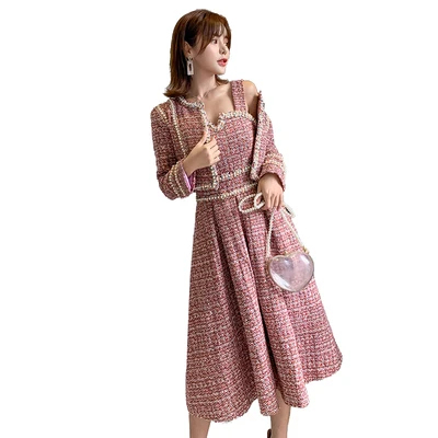 

2020 Winter Vintage Ladies Tweed Two Piece Sets Women Short Coat + Sleeveless Dress Suits Korean Fashion Female Elegant Sets