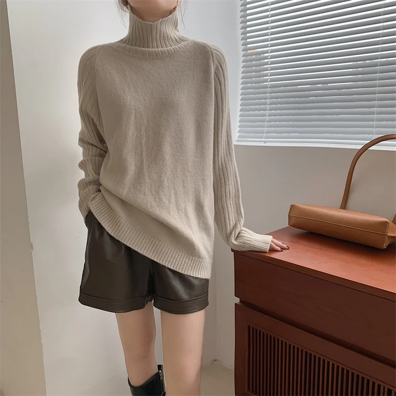 

Повседневный свитер с высоким воротом 2021, толстый Свободный теплый топ, Зимний вязаный пуловер в полоску, элегантные деловые женские джемпе...