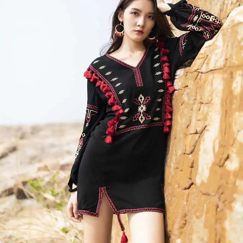 Boho Inspird женская блузка рубашка Ретро Народная украинская вышивка блузки в богемном стиле бахрома с кисточками Топ с длинным рукавом льняные блузы