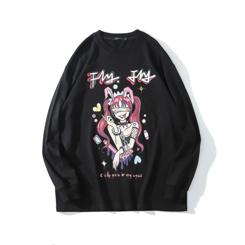 

Fashion brand ins cartoon blindfold girl two dimensional long sleeve top high street over size cotton sweater
