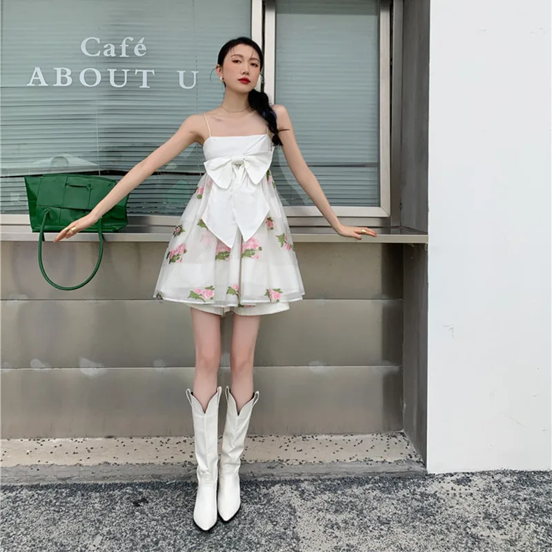 

Female Summer Designed Bow Spliced Floral Print Camisole Mini Dress Women Sweet Elegant Fashion Dresses Ladies Vestidos ML163