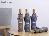 leodauknow stripe style three folding wooden handle windproof travel sunny and rainy mens and womens umbrella