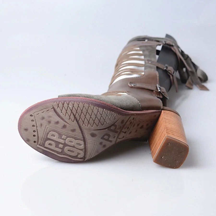 

Prova Perfett New Arrival Gladiator Sandals Women Knee High Boots Mixed Color Bandage Buckle Strap Thick High Heel Sandals Boots