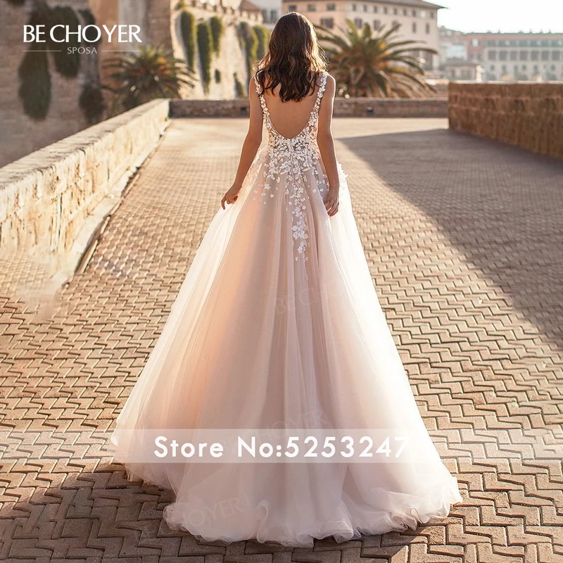 Vintage V-neck A-Line Wedding Dress Appliques 3D Flowers Backless Princess BE CHOYER N128 Bride Gown Customized Vestido De Noiva | Свадьбы и