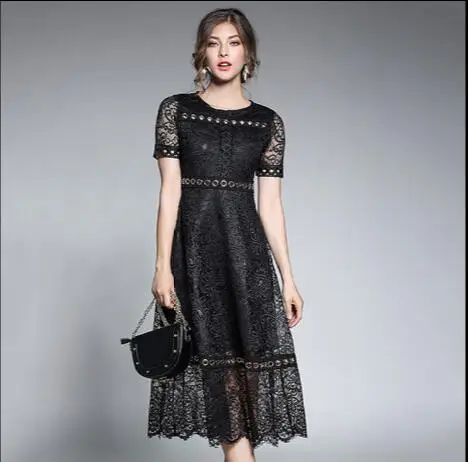 Женское подиумное горячее кружевное длинное платье с круглым вырезом короткий