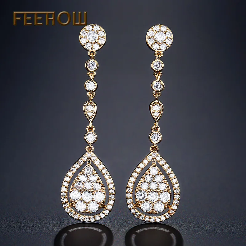 Женские длинные висячие серьги FEEHOW романтические с камнями из фианита для