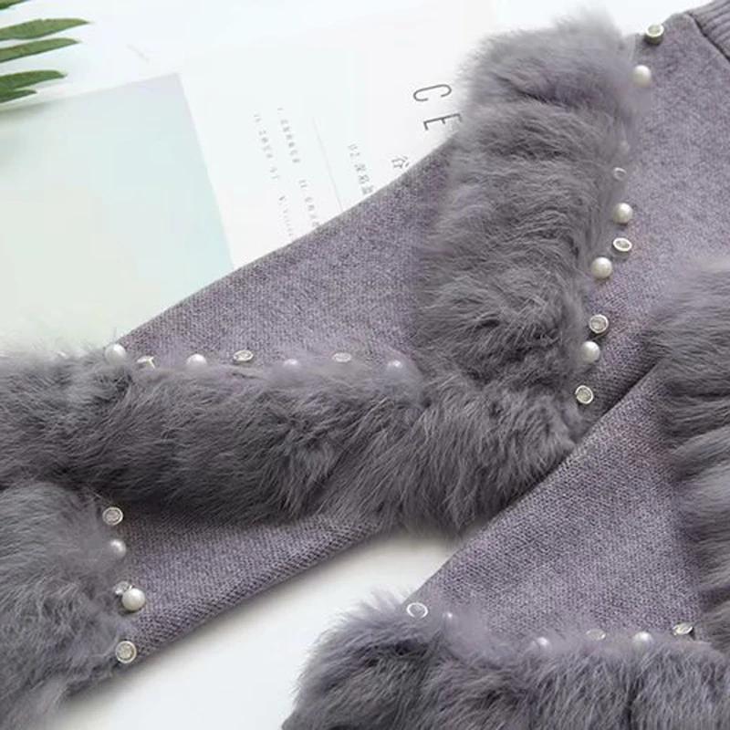 

New Winter Long Sweaters Women Casual Loose Pullover Jumpers Real Rabbit Fur Sweater pull femme beading Pearl turtleneck jumper