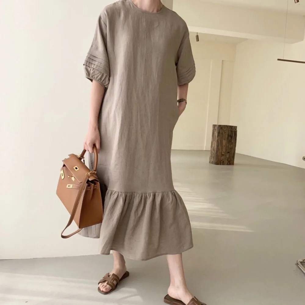 

2021 Summer New Japanese Style Korean Fashion Loose Solid Color Elegant Long Women's Dress Round Neck Lantern Sleeve Ruffle