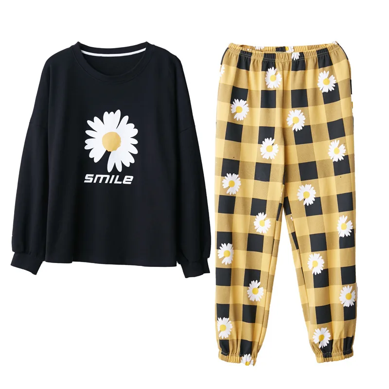 Весенне-осенняя Хлопковая женская пижама для сна с длинным рукавом и круглым