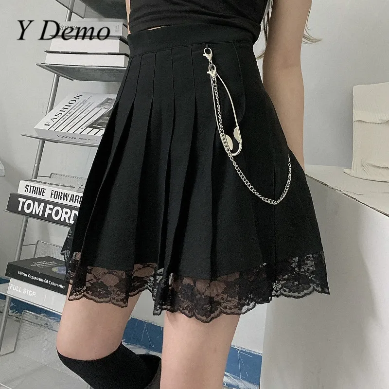 

Y Demo Harajuku Casual High Waist Women Pleated Skirt Hiphop Summer Lace Patchwork Grunge A-line Skirts