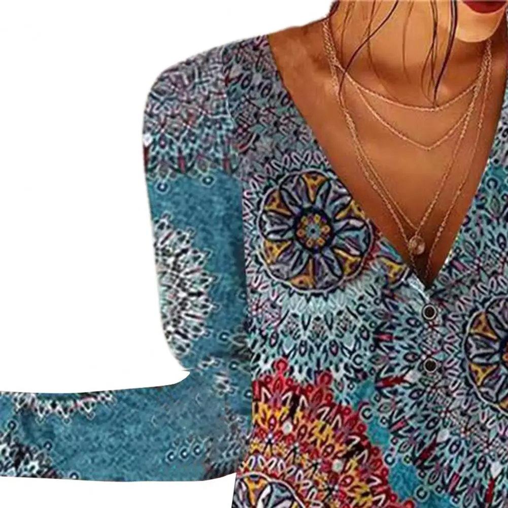 

60% Dropshipping!!Women T-shirt Flower Print V Neck Autumn Long Sleeve Buttons Blouse for Dating
