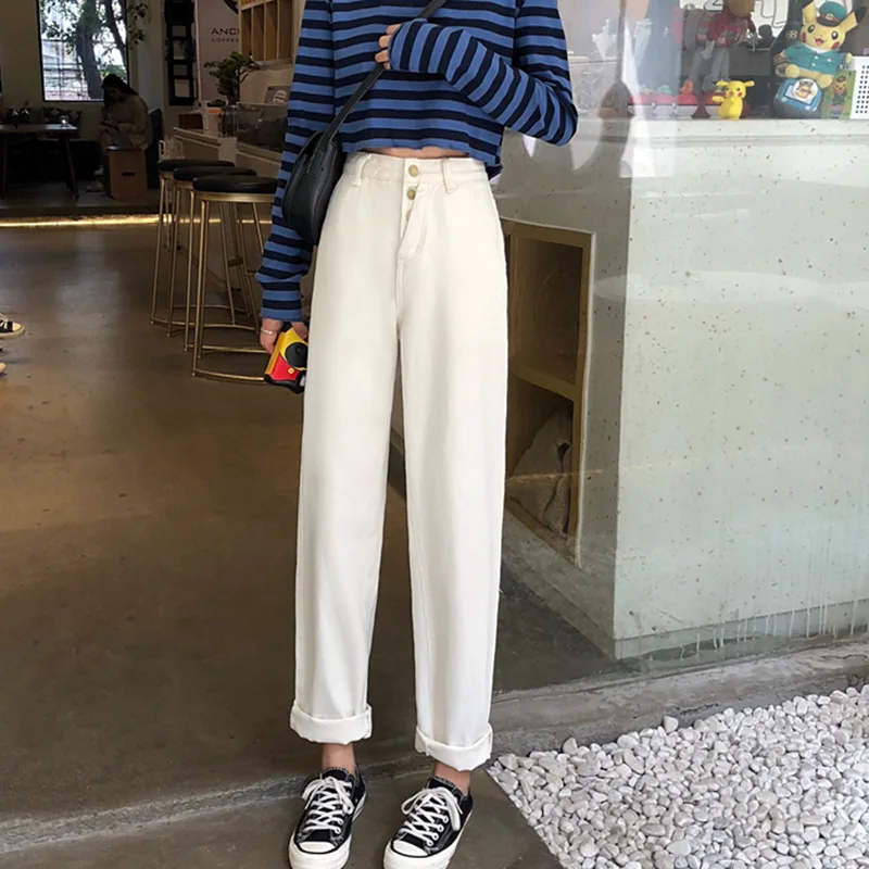 2019 осень зима элегантные белые джинсы женские прямые свободные широкие брюки с