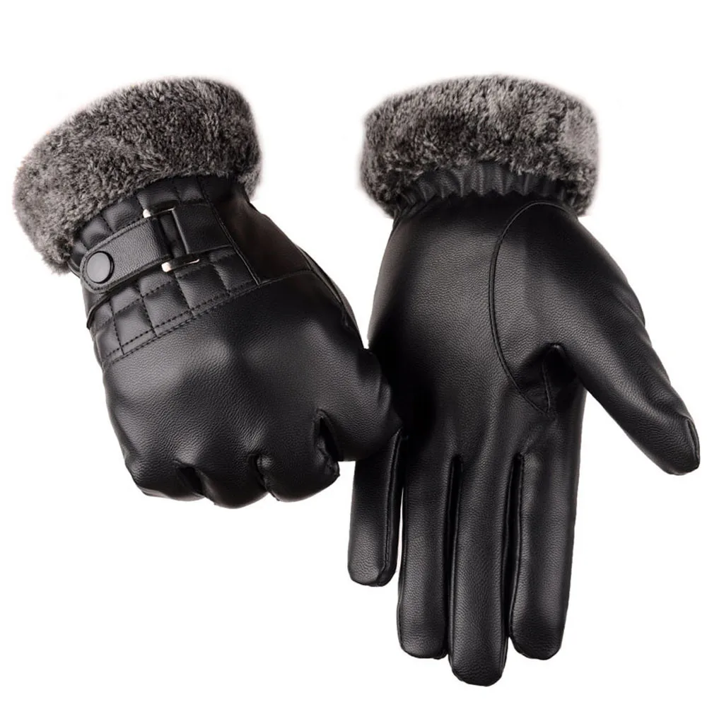 

Men Leather Gloves Winter Thicken Warm Touch Screen Full Finger Gloves Black Fur Cuff High Quality Thermal Gloves Mittens T6