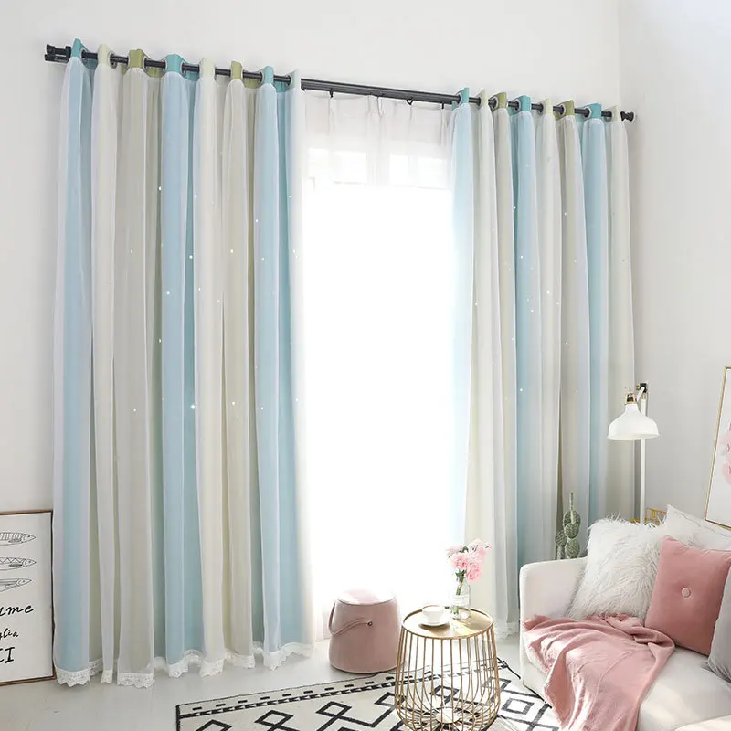 Шторы блэкаут из органзы голубые зеленые со звездами для гостиной коричневые