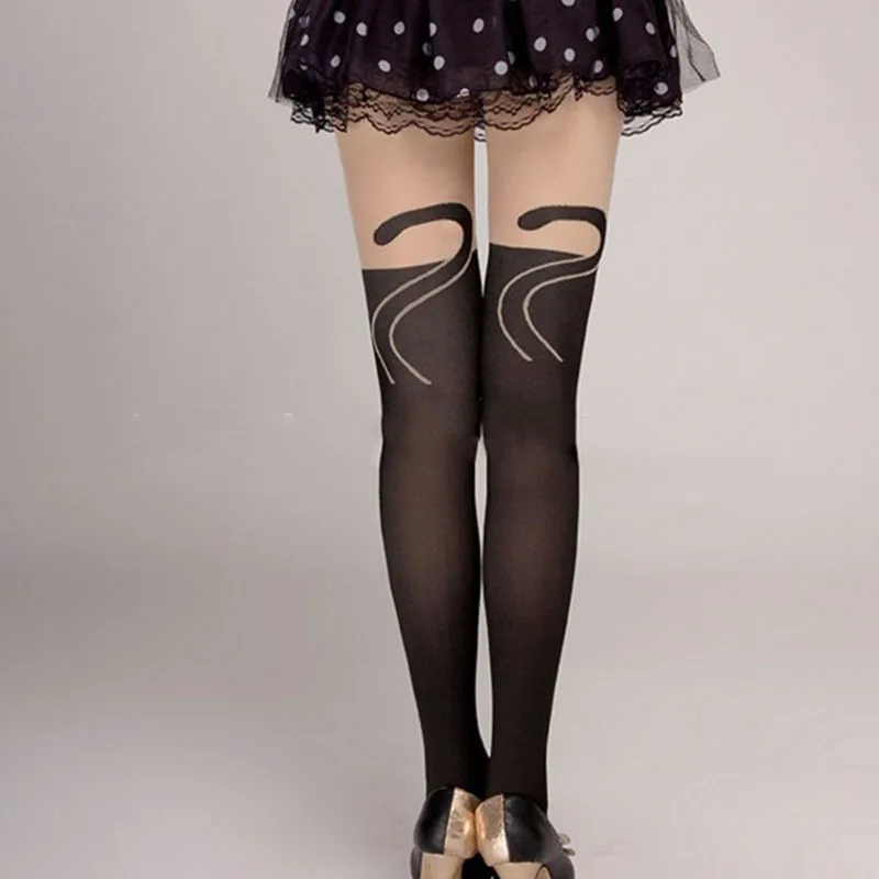 Женские леггинсы с кошачьим хвостом Мультяшные Колготки Чулки милым рисунком
