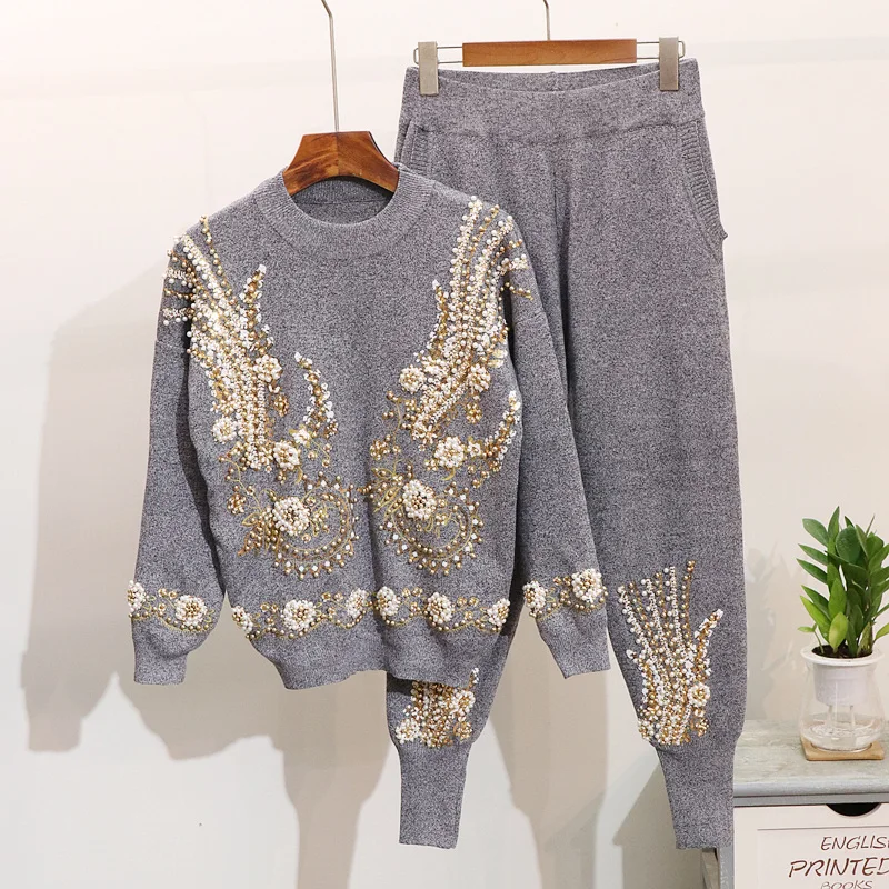 

Casual Women Knitted Tracksuits Pullover Sweater And Pants 2 Piece Set Handmade Beading Sequined Woman Suits matching sets