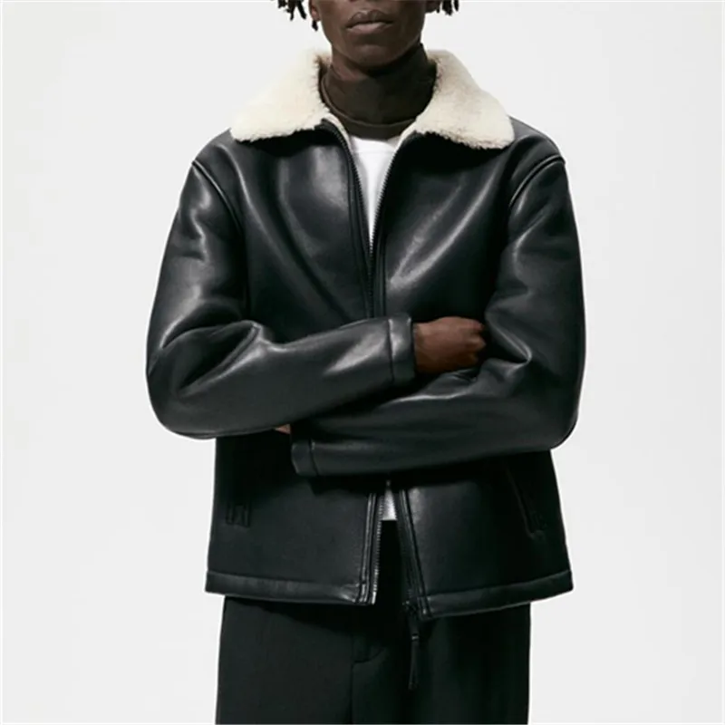 

Spring New Men's Mature Commuter Lapel Zip Double Sided Faux Leather Sherpa Fleece Lined Jacket Jacket