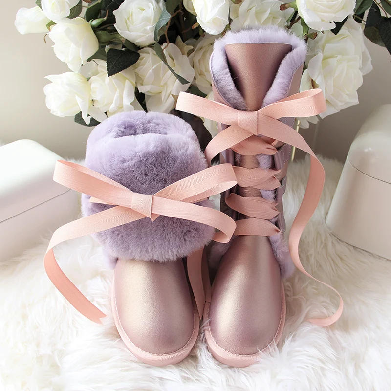 Purple as pic Новинка; женские зимние ботинки наивысшего качества из натуральной овечьей кожи; модные зимние ботинки на шнуровке; натуральный мех; Шерсть; женские высокие ботинки - Цвет: Purple as pic