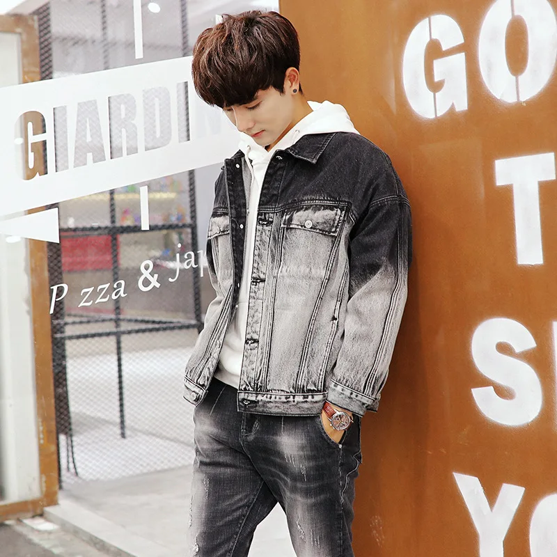 Осенний мужской джинсовый костюм из 2 предметов черная джинсовая куртка с