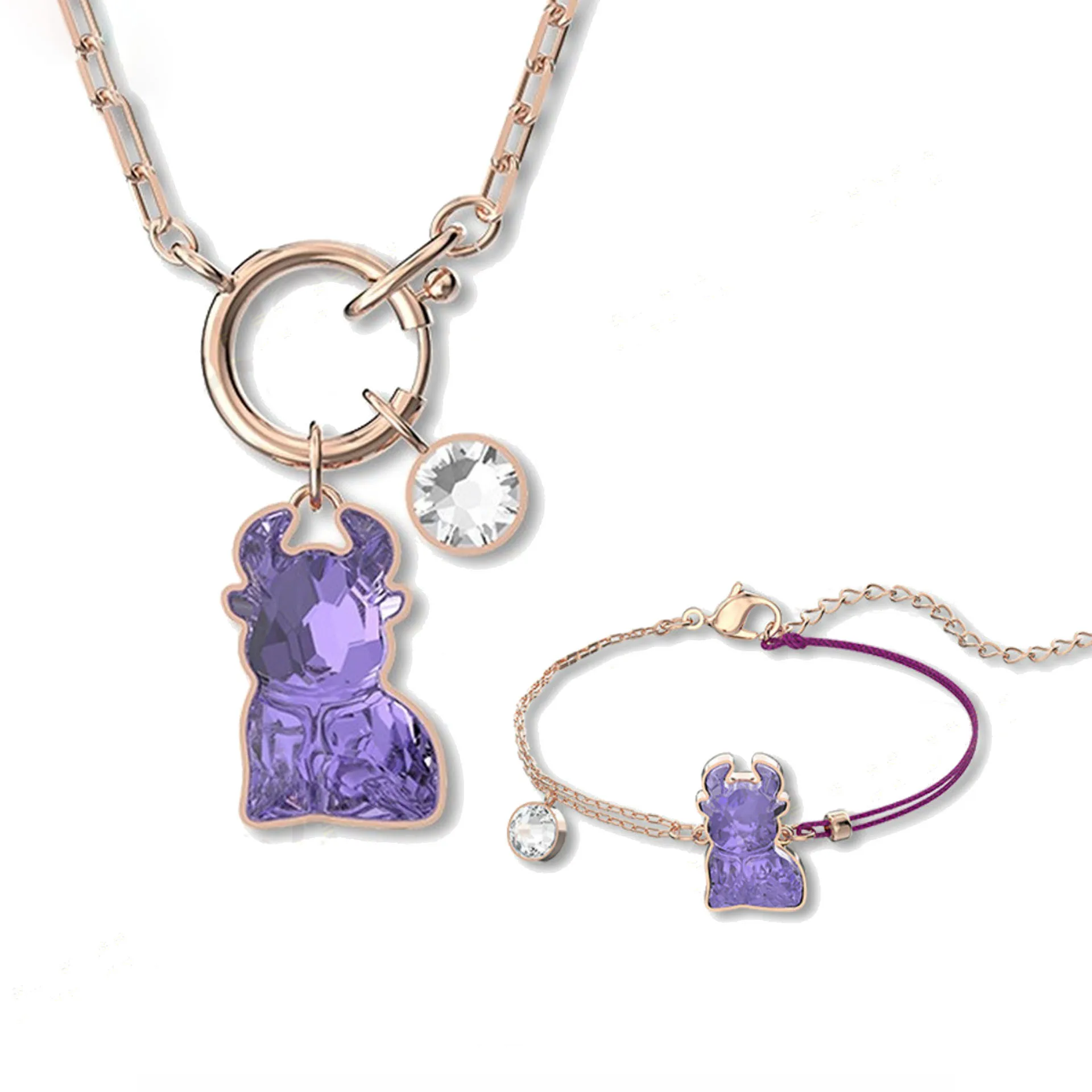

2021 NEW SWA Fashion Jewelry High Quality Charming Purple Crystal Zodiac Ox Zodiac Year Female Necklace Romantic New Year Gift