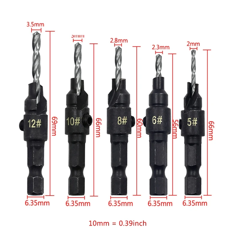 

HSS Countersink Drill Bit Set Hex Shank Drilling Pilot Screw Holes Woodworking Carpentry Tool #5 #6 #8 #10 #12