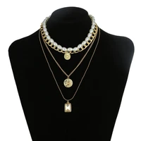 popular europe japan and south korea retro pearl coin crystal pendant multi layer combination necklace clavicle chain female