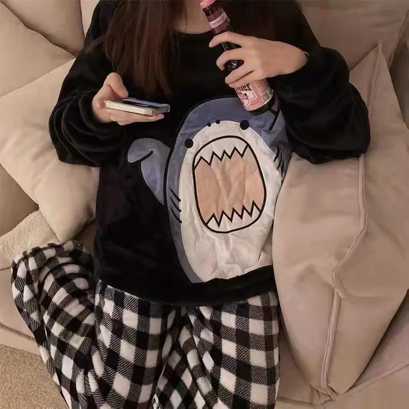 Shark Pijamas Couple Matching Pajamas Set Plaid Pants Winter Thick Flannel Sleepwear Men's Women Pyjama Homesuits Black Shirts